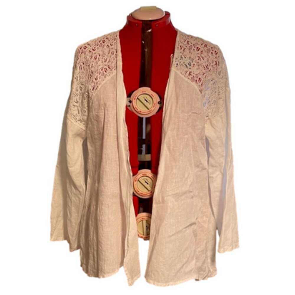 Bellambia White Linen Lace Boho Blouse Cardigan Size 2X